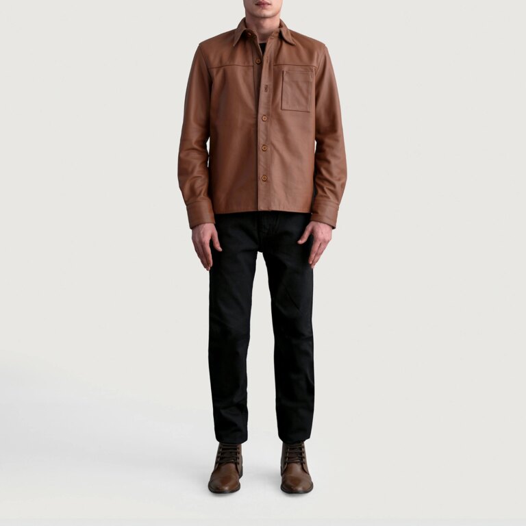 Mens Scout Matte Brown Leather Shirt Full Length-2-1724065455132